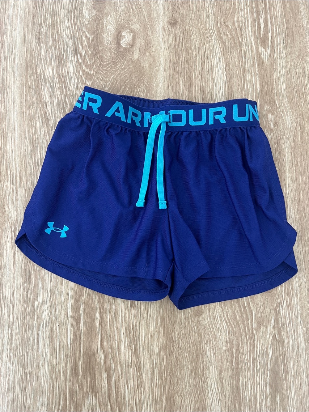 Under Armour Girls Blue Athletic Shorts with Teal Waistband